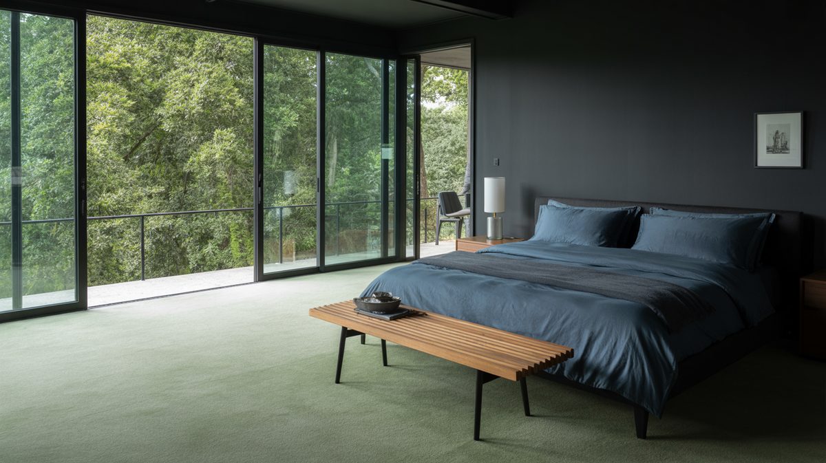 Charcoal walls and floor-to-ceiling forest windows frame a dark blue platform bed on green carpet