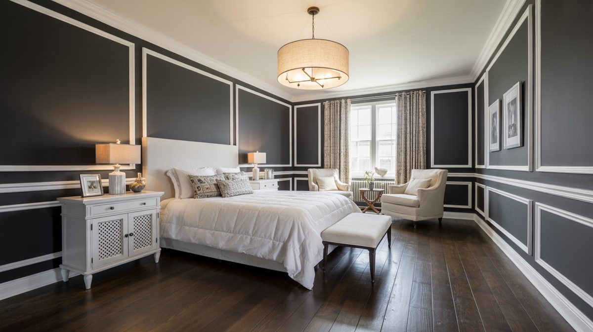 Dark gray panel molding walls with white trim surround a classic white bed under a drum chandelier
