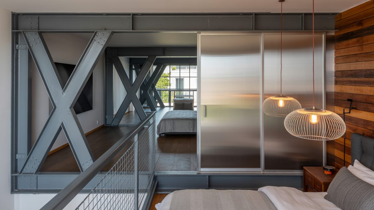Mezzanine loft bedroom with steel X-brace beams, stainless sliding partition, and wire cage pendant lights