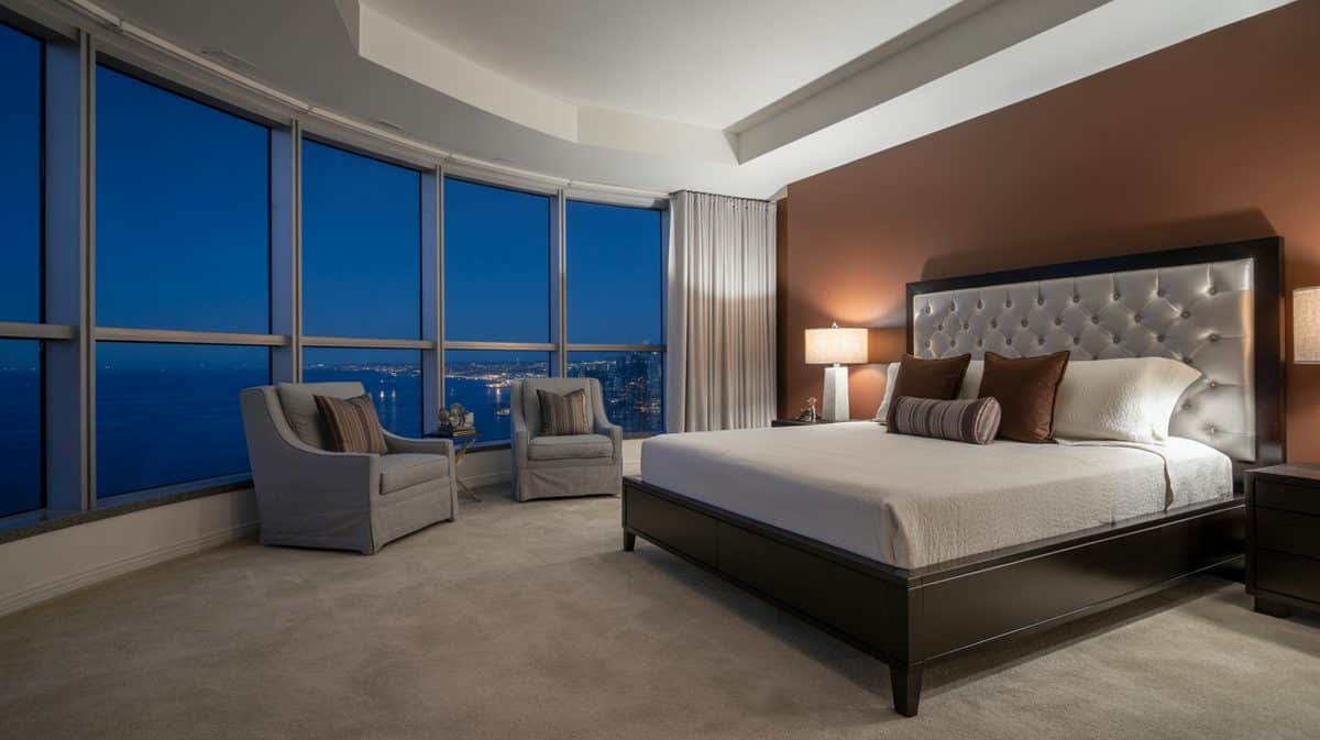 Highrise bedroom with curved floor-to-ceiling windows, city lights at night, silver tufted headboard, and rust accent wall
