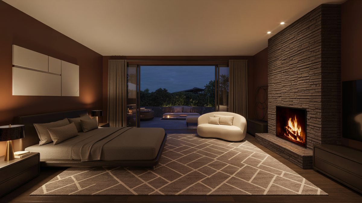 Chocolate brown walls, stacked stone fireplace, and geometric diamond rug in a dark bedroom with glass patio doors