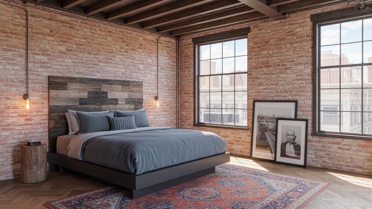Exposed brick walls, dark ceiling beams, and Edison pendants over a low platform bed with a Persian rug