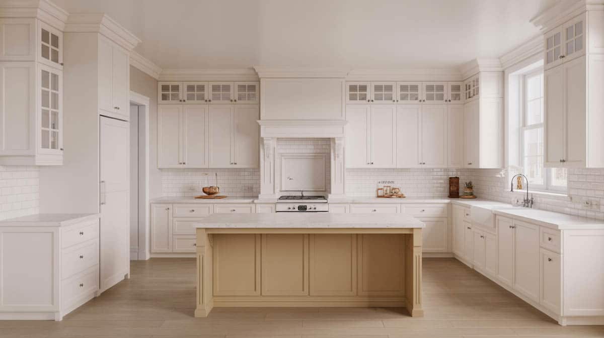 All-white kitchen with a wheat-beige painted rectangular center island