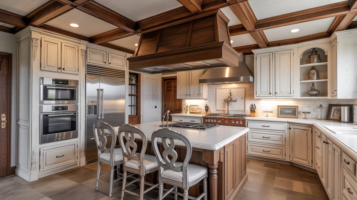 Antique white distressed cabinets with a coffered wood hood and dining chairs around a marble island