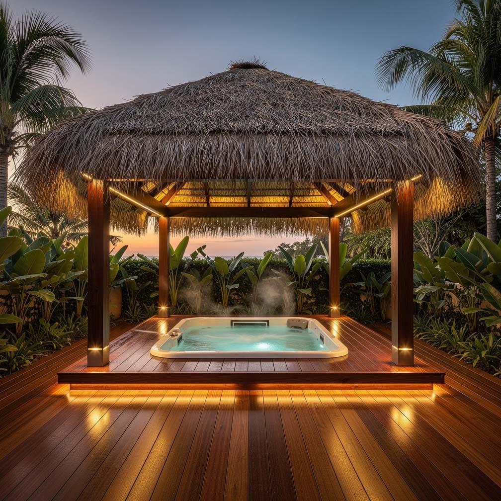 Spa hot tub covered by a thatched shade structure on wood decking