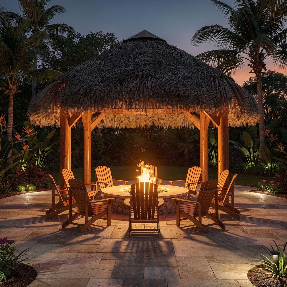 Fire pit lounge beneath a thatched roof on a stone patio at dusk