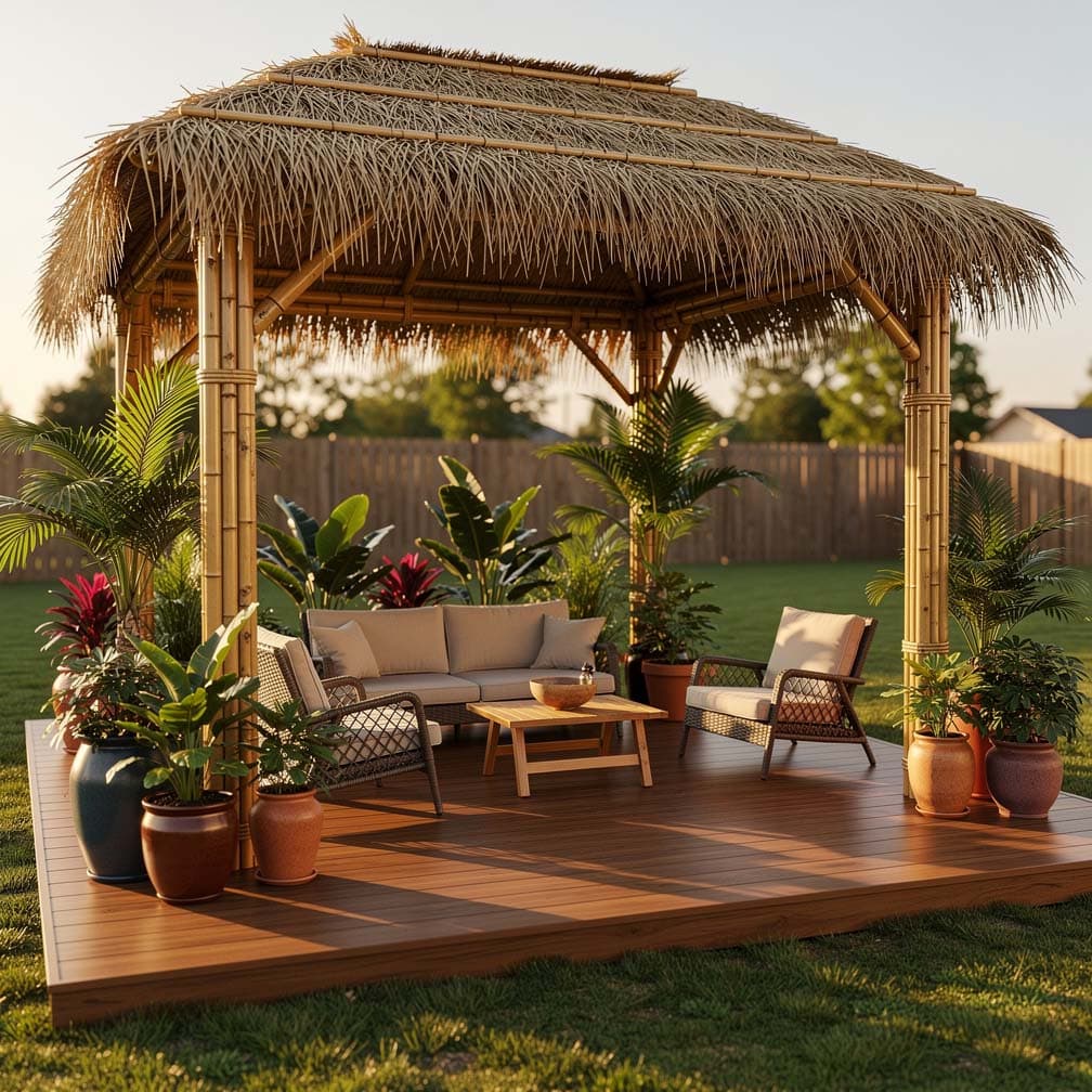 Pre-fabricated bamboo and thatch shade structure on a wooden deck