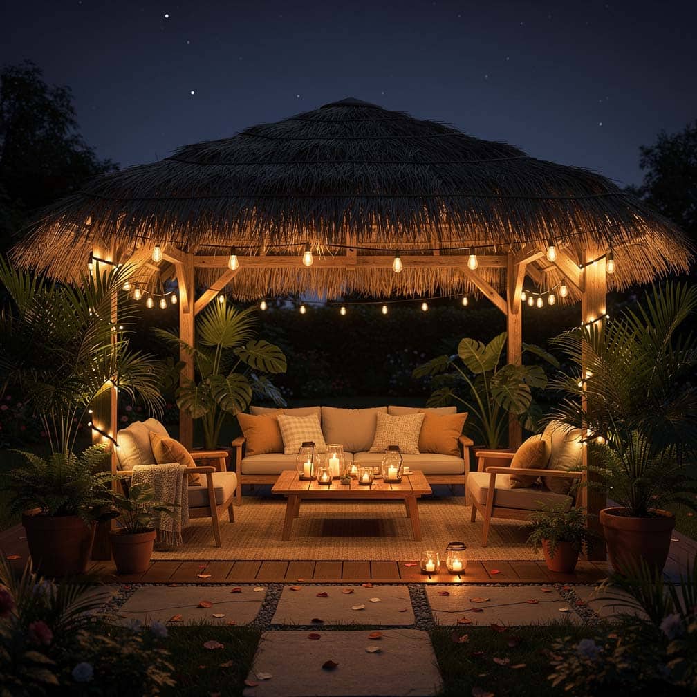 Edison string lights glowing under a thatched roof at night