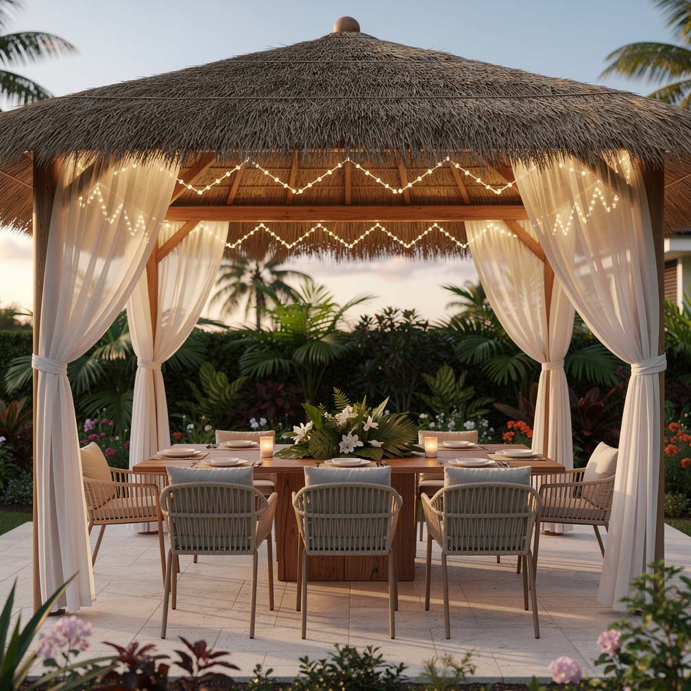 Outdoor dining area shaded by flowing white curtains on thatched posts