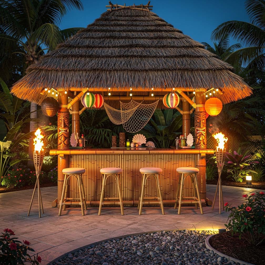Tiki bar with bamboo counter under a thatched roof with torch lighting