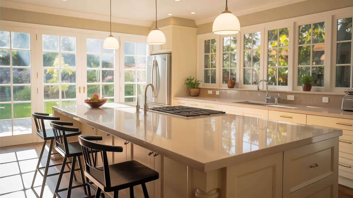 Beige quartz for the countertops and backsplash