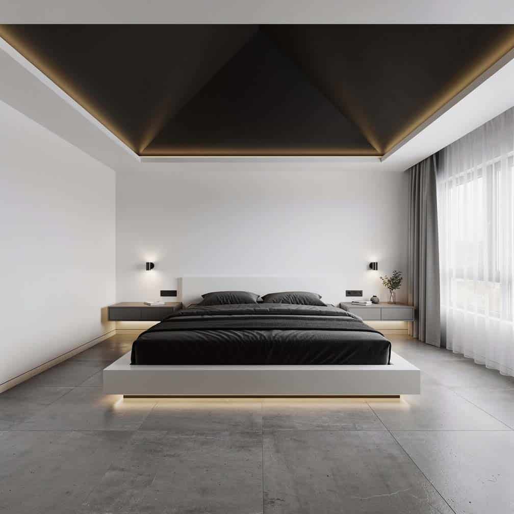Bedroom overhead painted black to create contrast and depth with an angled slope for visual interest.