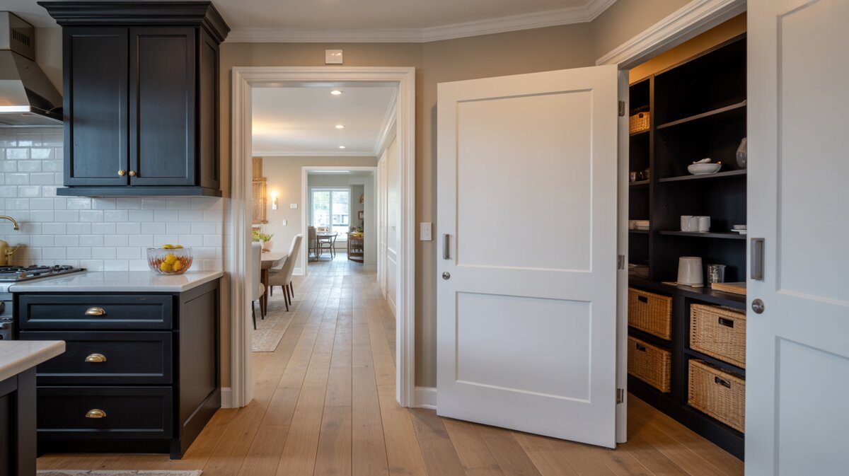 Black shaker kitchen with brass hardware and white flat-panel sliding pocket door revealing dark pantry