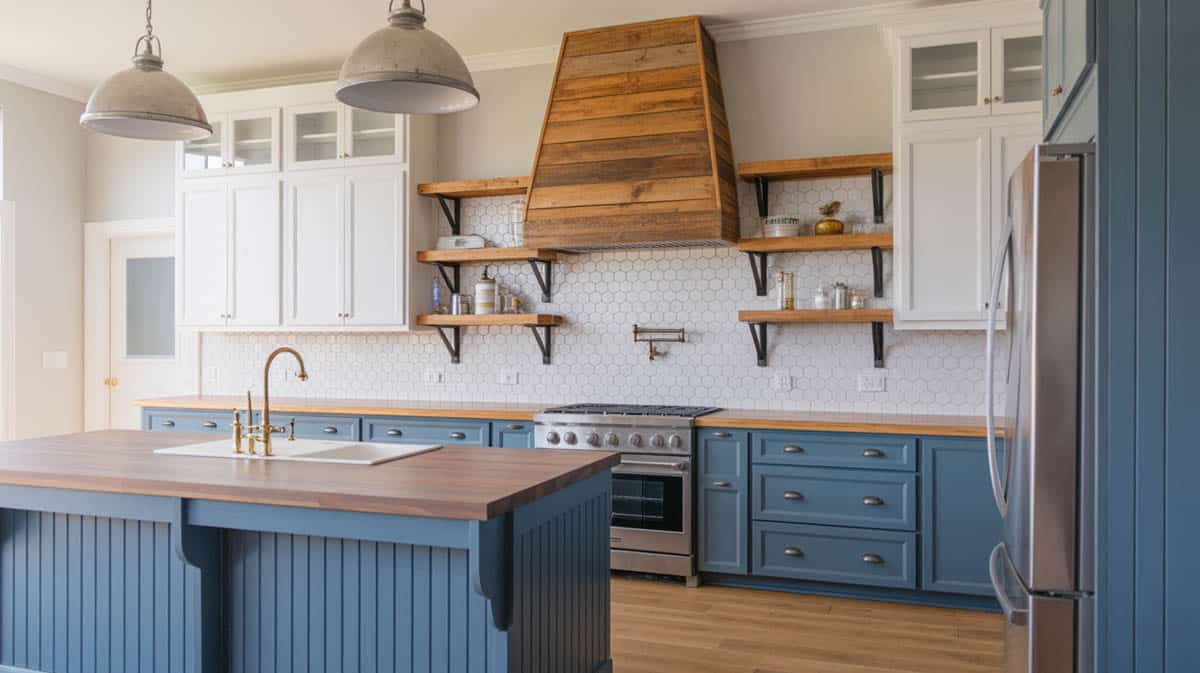 Blue beadboard lower cabinets with white uppers and a reclaimed wood range hood over the island