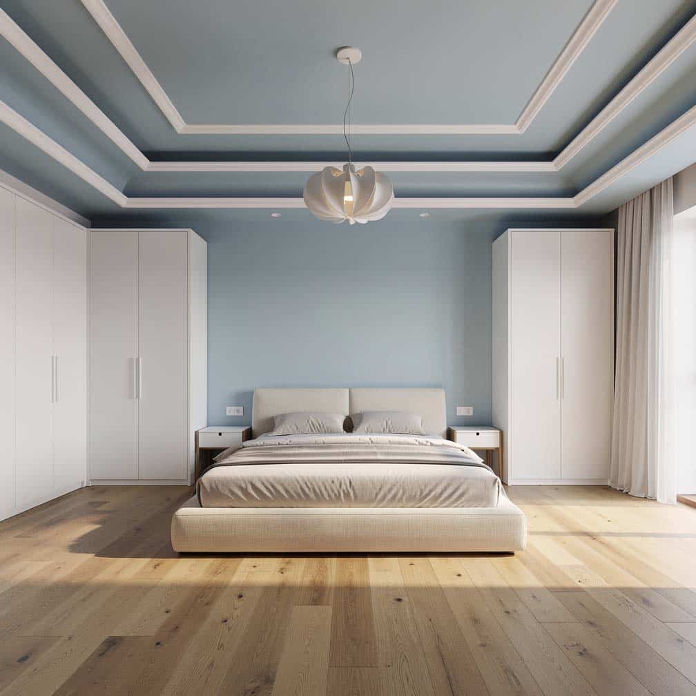 Blue with white trim tiered overhead that harmoniously blends to create an interesting backdrop.