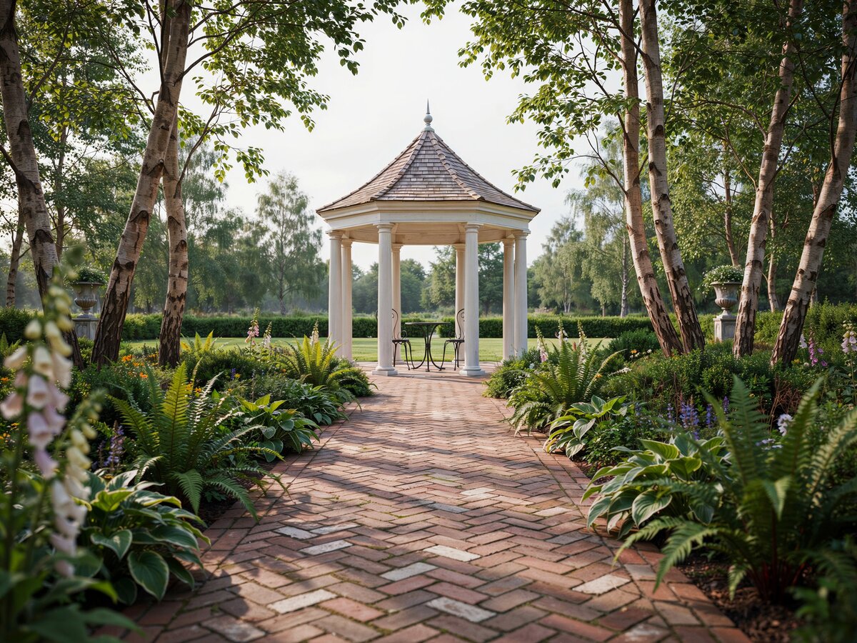 Brick garden path leading to a white octagonal gazebo with peaked roof surrounded by birch trees