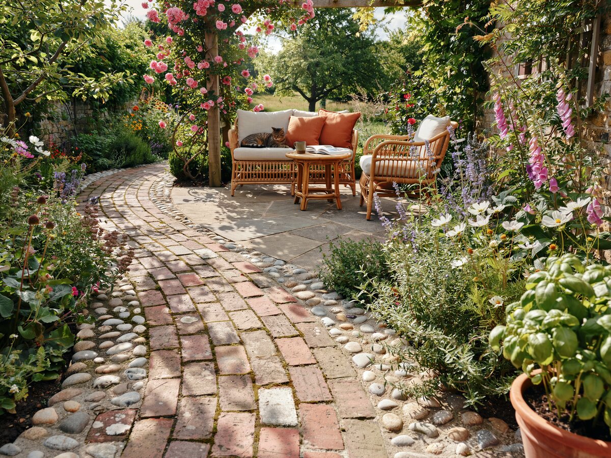 Brick path bordered with river pebbles leading to a flagstone patio with wicker furniture