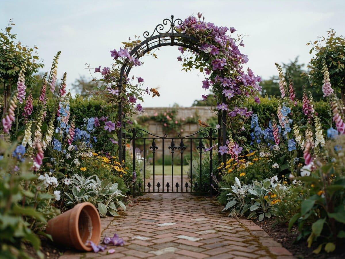 Brick walkway through an English garden leading to an iron arch gate covered in purple clematis