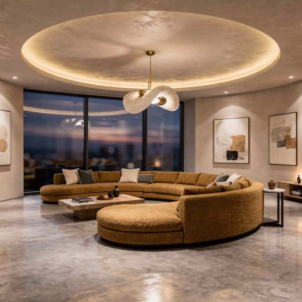 Unique circular ceiling with rounded edges above a tufted sectional sofa.