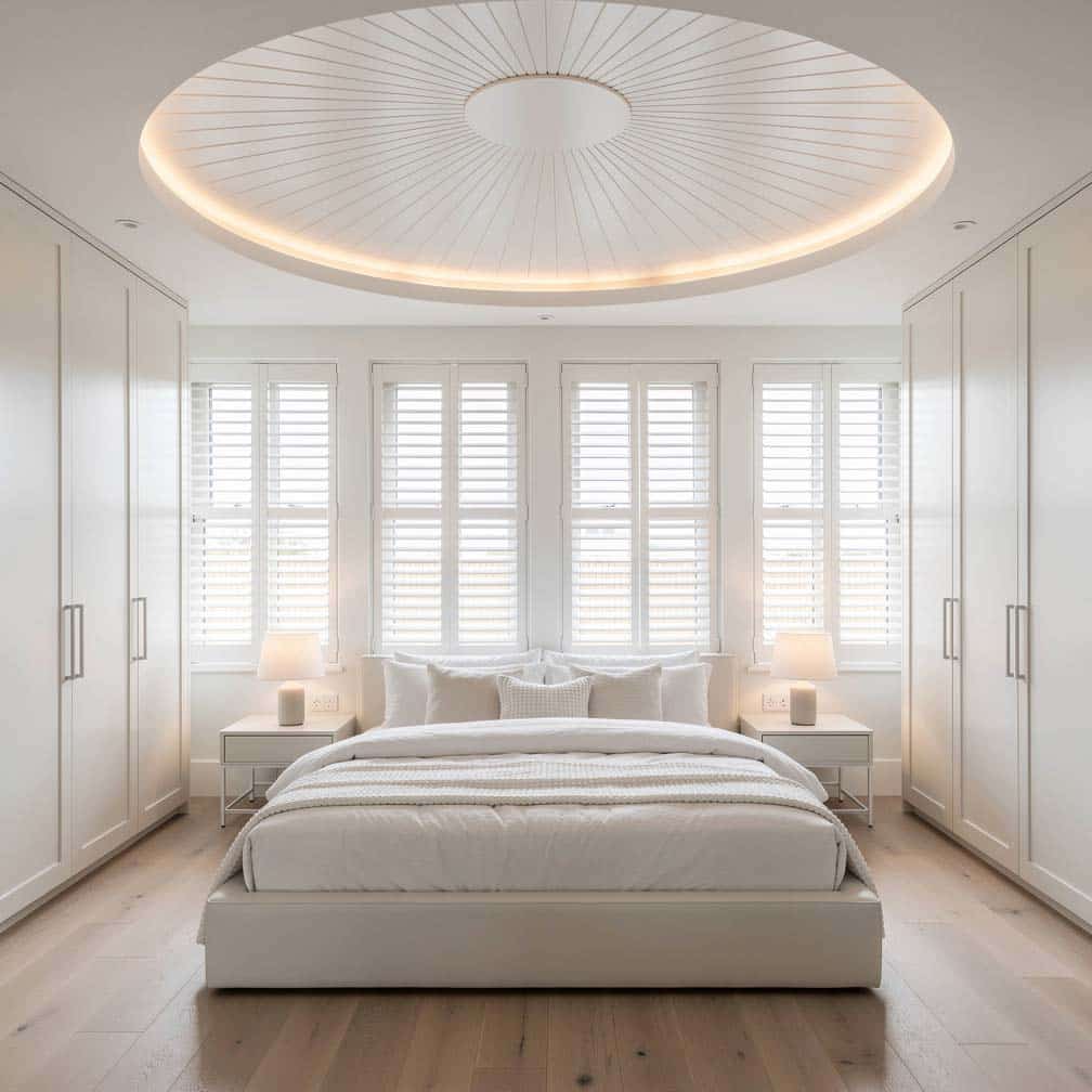 Bedroom with circular design and white-painted wood shiplap ceiling paired with interior shutters.