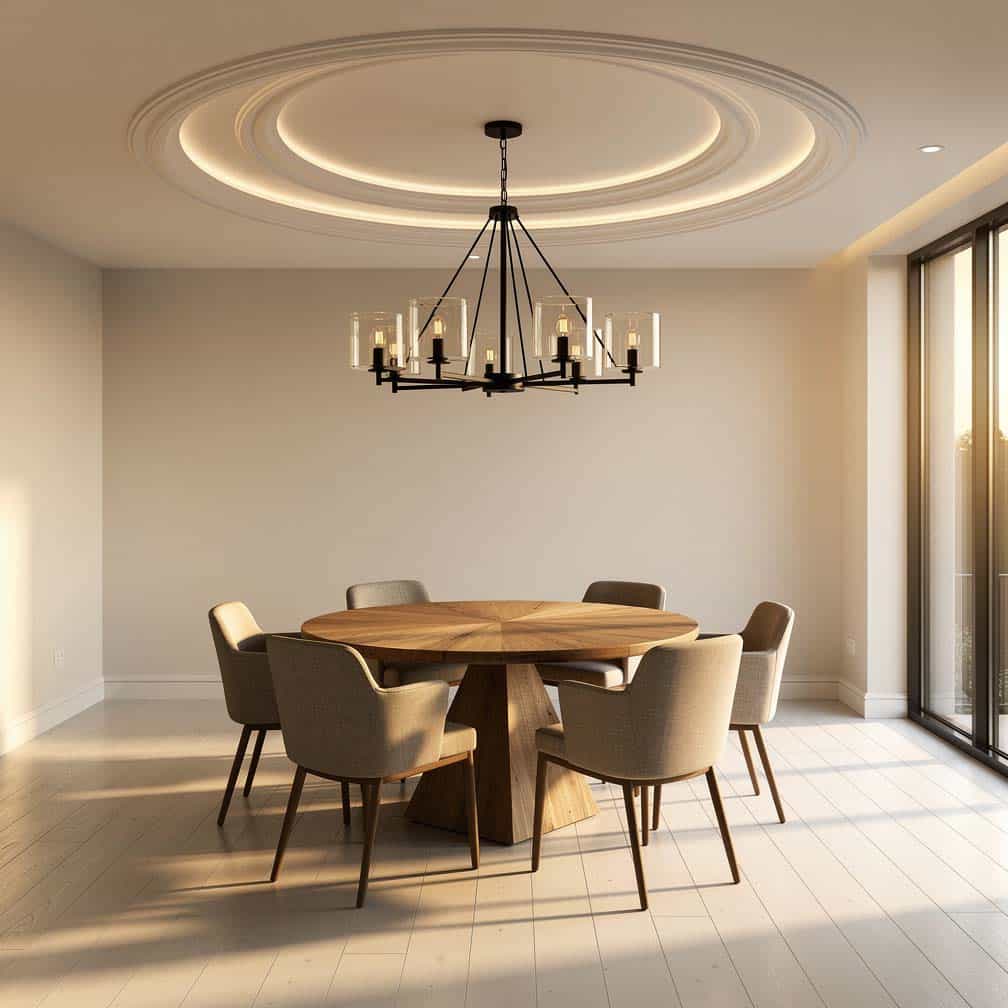 Unique custom ceiling design with living room chandelier.