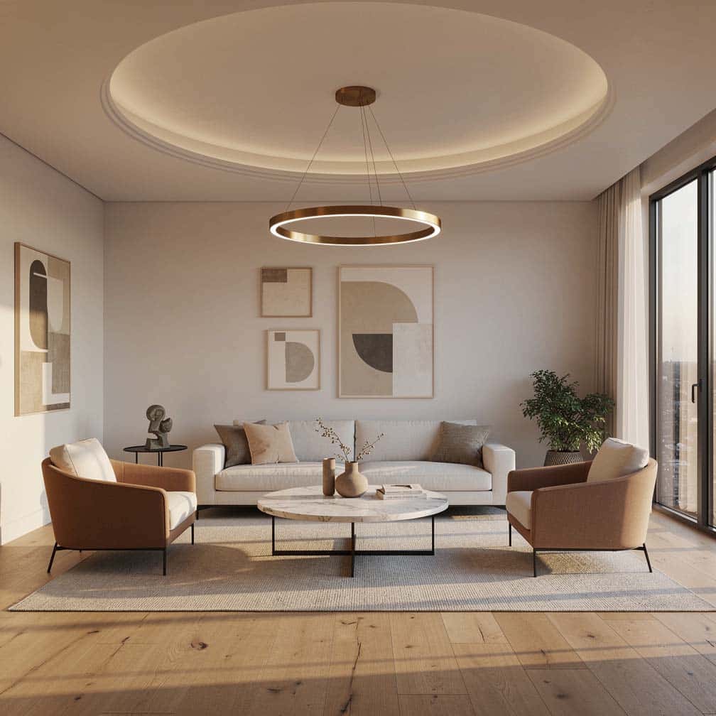 Contemporary living room with round ceiling feature and circular chandelier.