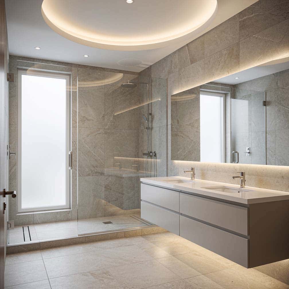 Custom bathroom with a unique shower zone featuring rounded ceiling design and LED cove lighting.