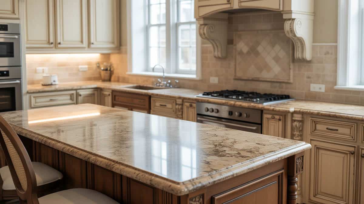 Classic kitchen with beige granite bullnose countertop and travertine tile backsplash