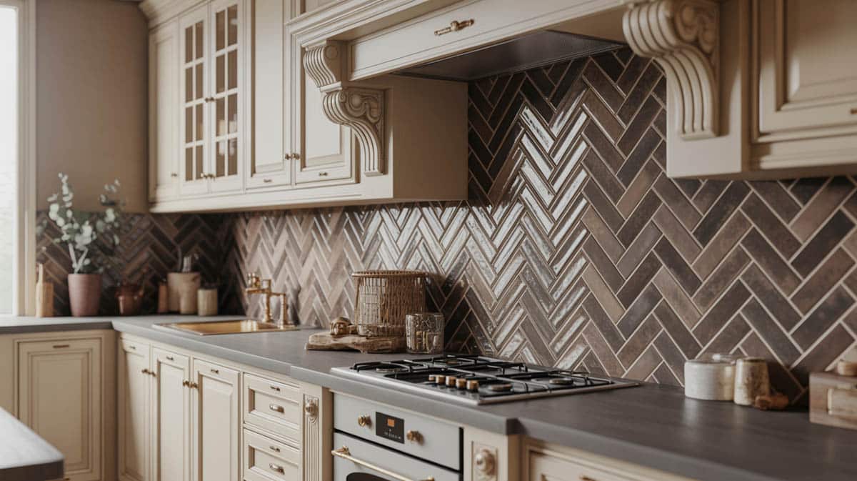 Classic kitchen with dark beige herringbone pattern ceramic tile backsplash