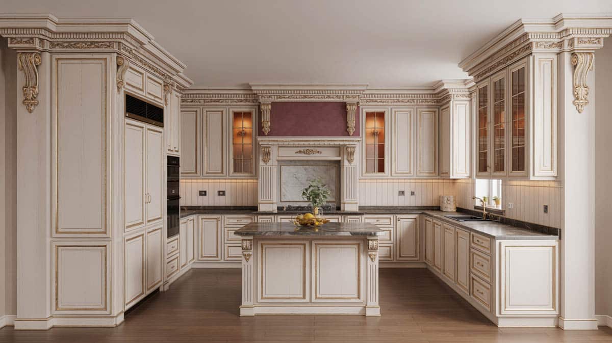 Classic kitchen with ornate crown moldings, cornices, and cream painted raised-panel cabinets