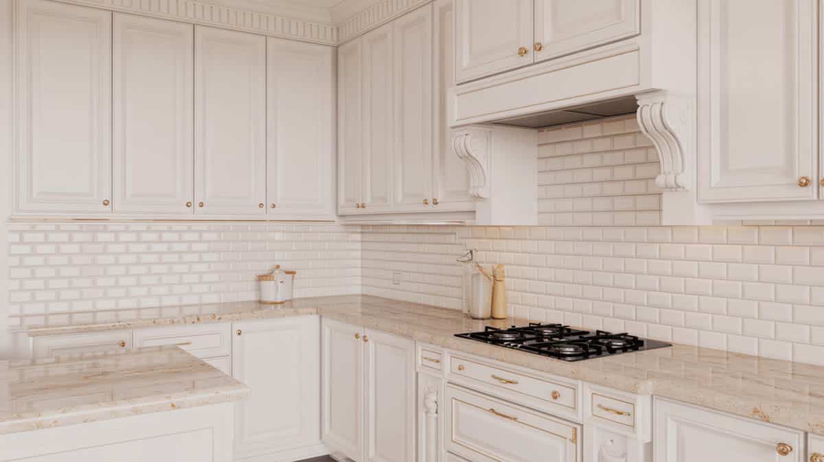 Classic kitchen with white cabinets, beige veined marble countertop, and glass subway tile backsplash