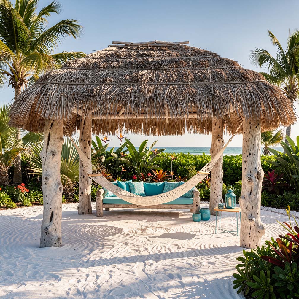 Driftwood post shade structure with hammock over white sand ground cover
