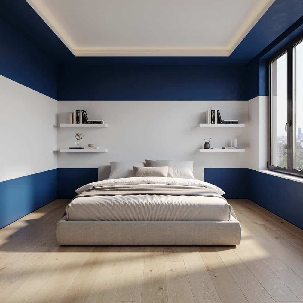 Bedroom using cobalt blue paint on the ceiling to draw the eye up with banded accent walls.