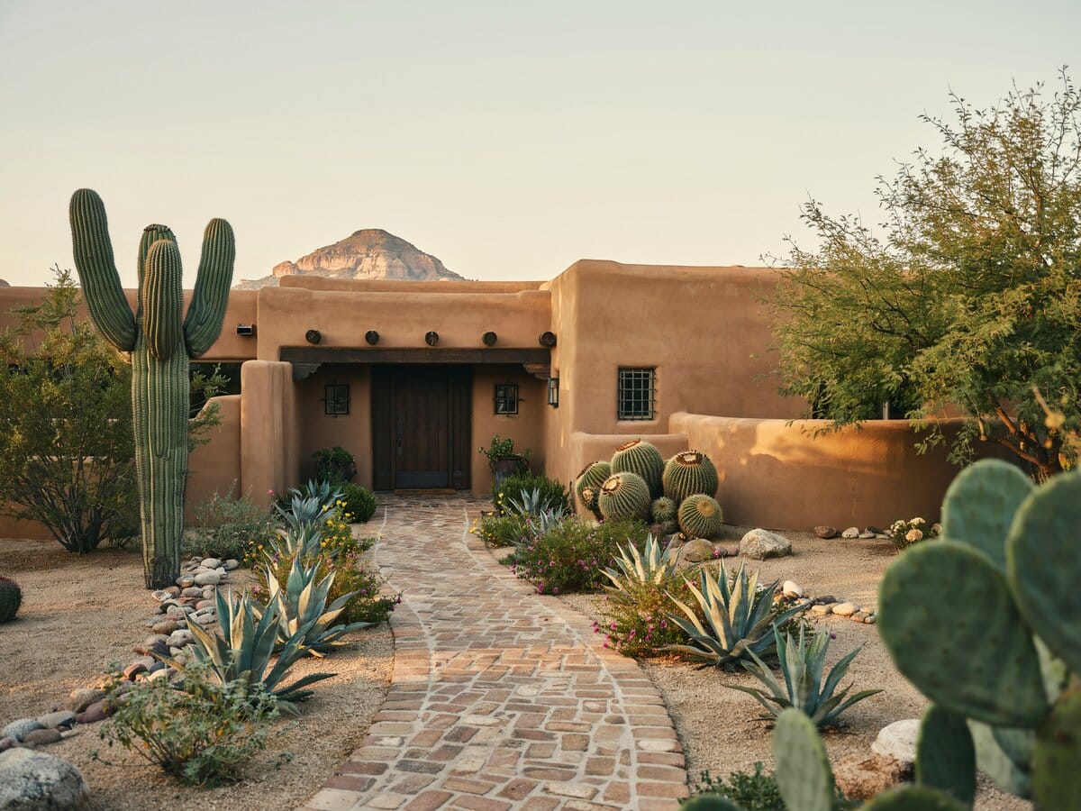 Cobblestone brick walkway leading to a Southwest adobe home through a desert xeriscape landscape