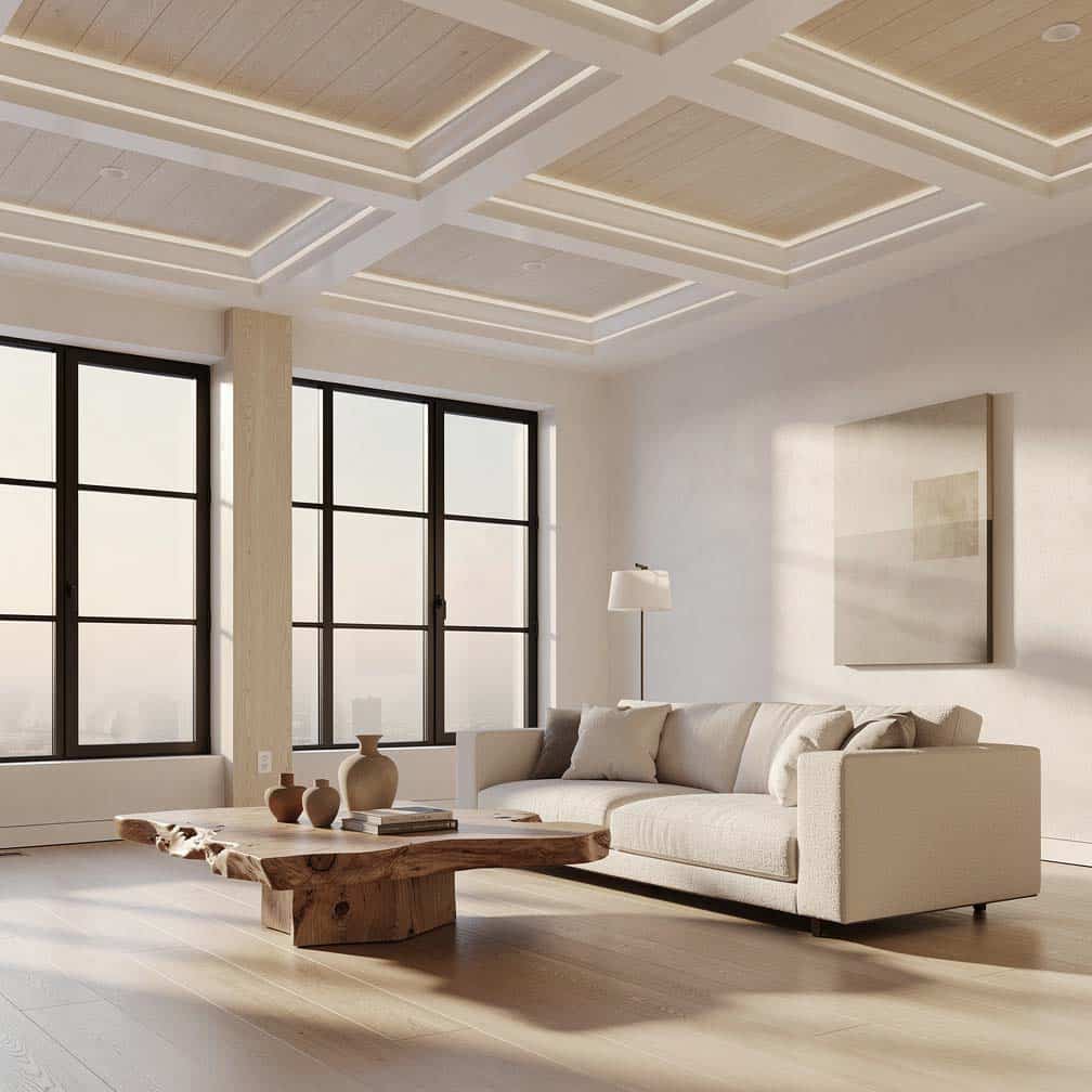 Coffered ceiling with white oak planks and interesting wood pillar cladding and finishes.