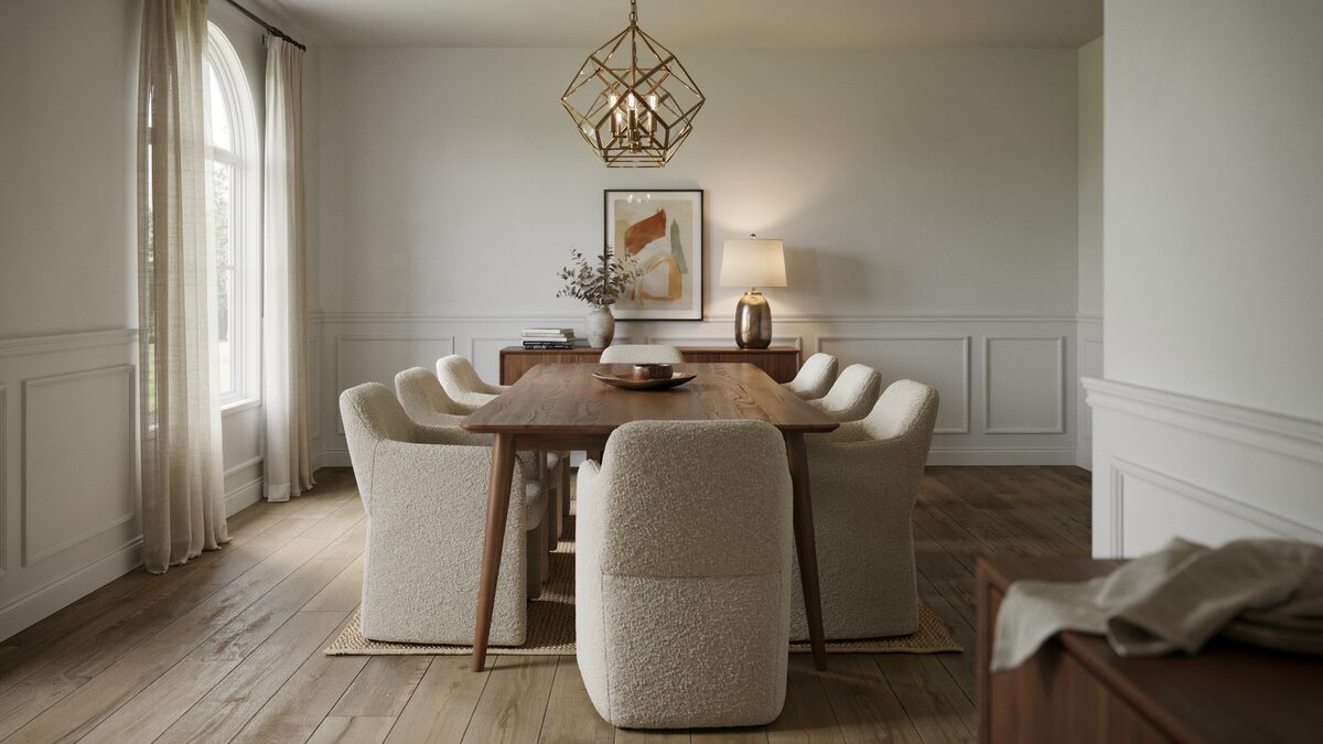 Contemporary dining room with a faceted geometric chandelier over a long walnut table and cream chairs