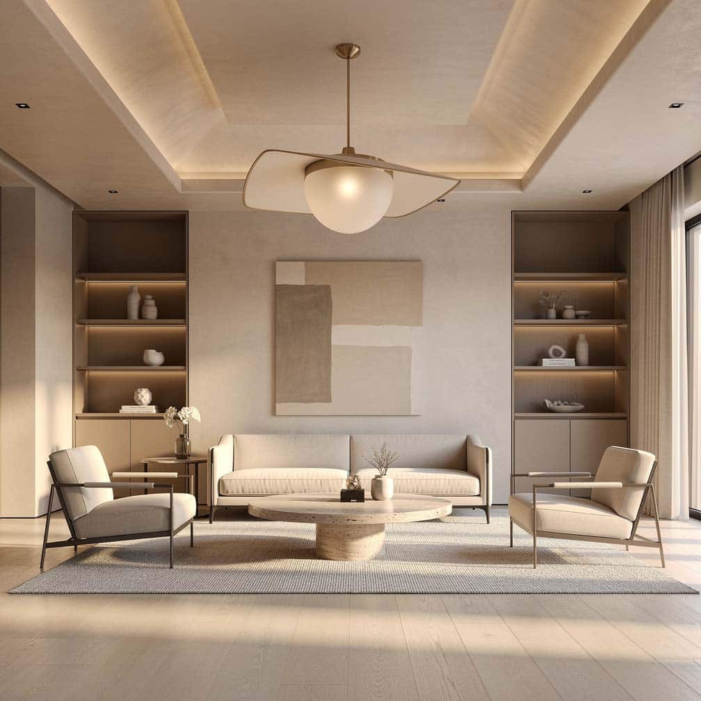 Geometric ceiling design in a contemporary living room with sculptural pendant light.