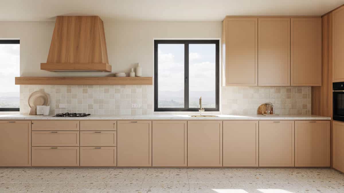 Contemporary kitchen with beige shaker cabinets, natural oak range hood surround, and zellige tile backsplash