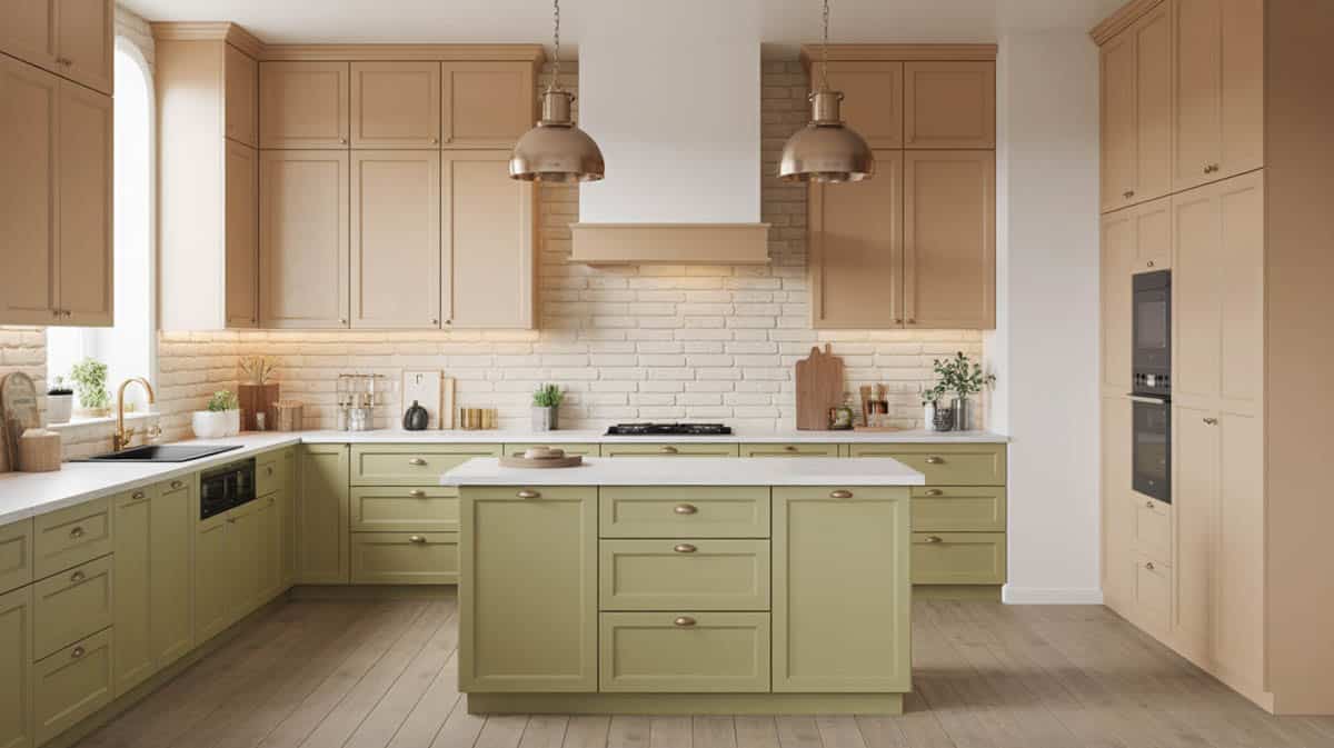 Contemporary kitchen with warm beige upper cabinets, sage green lower cabinets, and butcher block island
