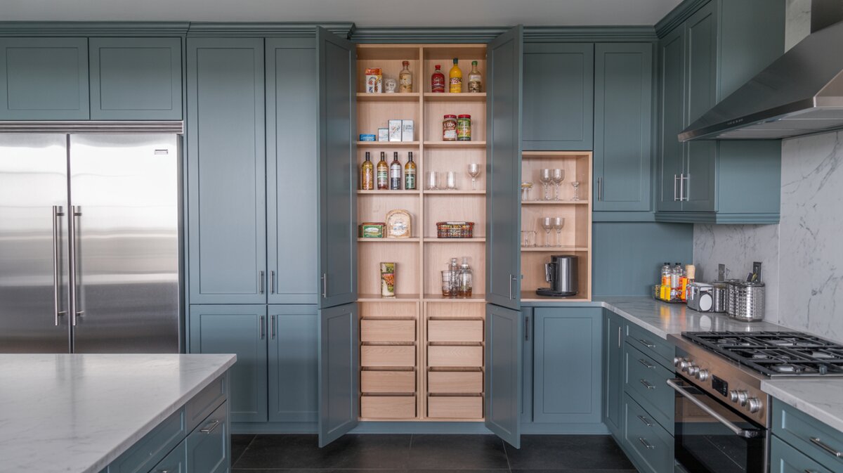 Contemporary kitchen with slate blue-gray cabinetry and built-in frameless glass panel pantry door
