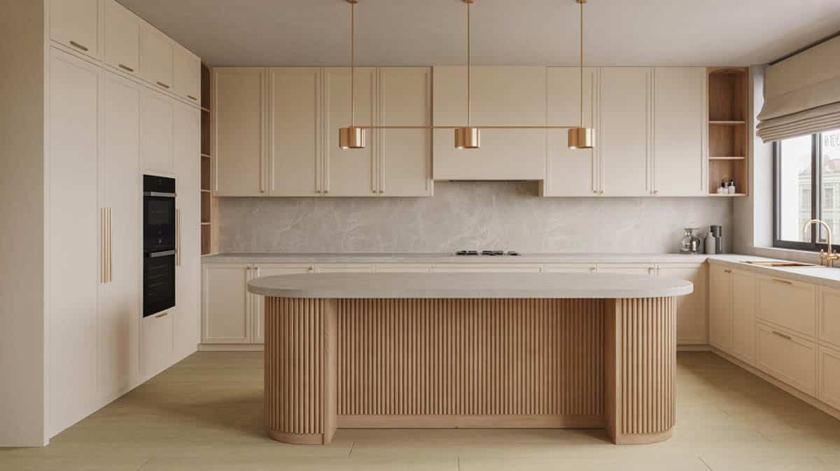 Contemporary kitchen with curved island in fluted wood veneer and beige reeded flat-front cabinets