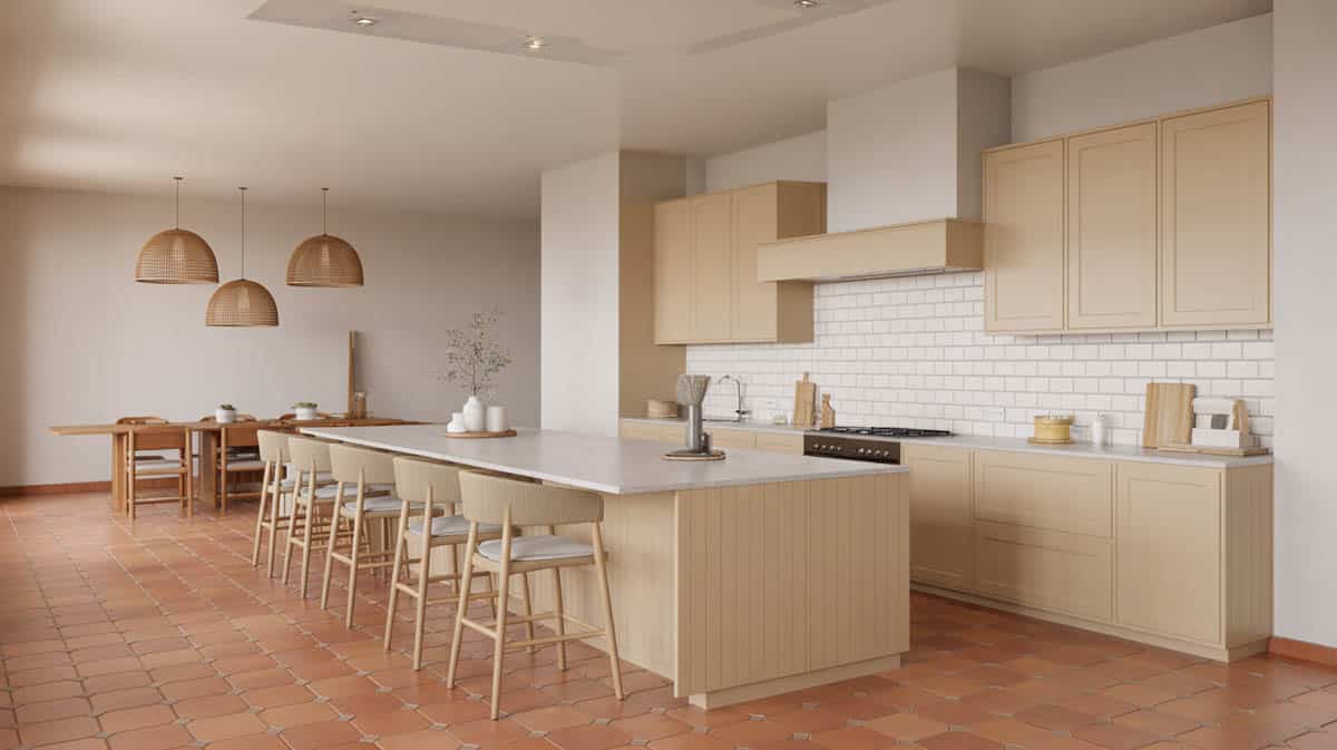 Contemporary kitchen-diner with extra-long greige island, rattan dome pendants, and terracotta hex floor tiles