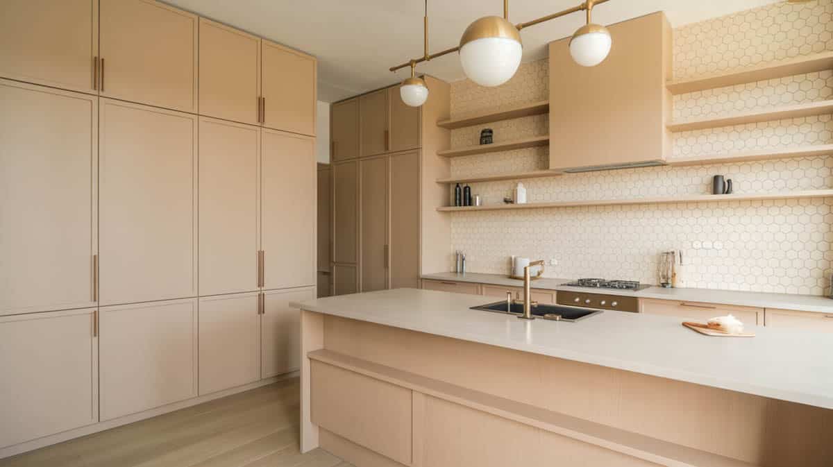 Contemporary kitchen with floor-to-ceiling sand-beige lacquer cabinets and open oak floating shelves