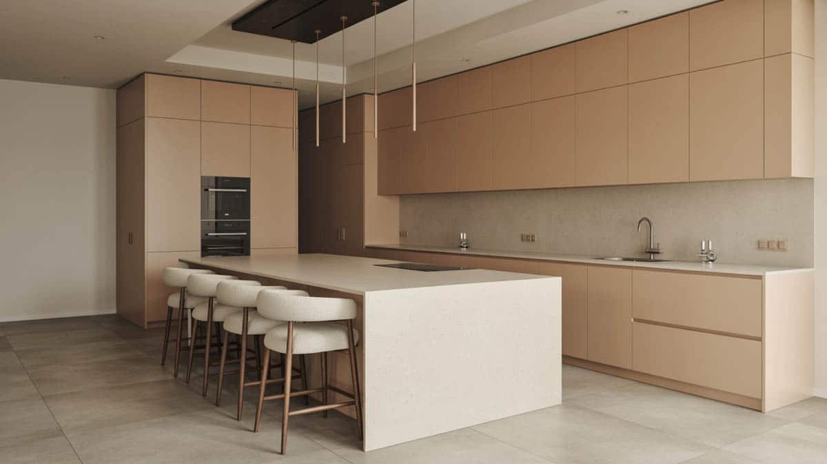 Contemporary kitchen with handleless greige lacquer cabinets and a waterfall quartz island with bouclé stools