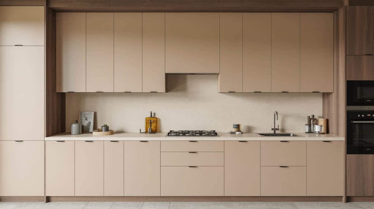 Contemporary kitchen with matte sand-beige laminate flat-front cabinets and minimal hardware