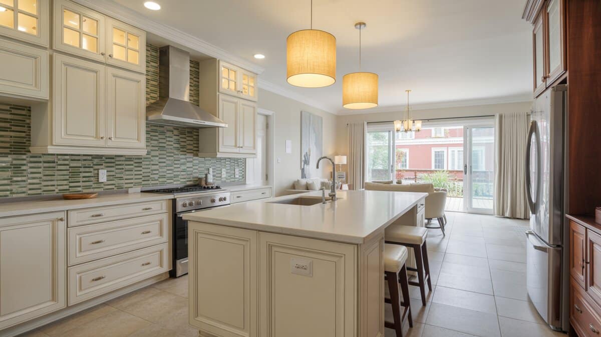 Contemporary kitchen with green-gray mosaic tile backsplash, white island and sliding glass doors to patio