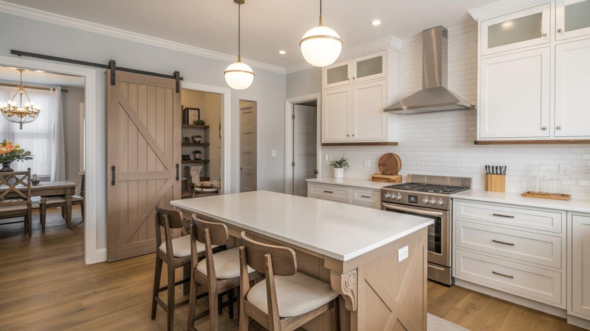 Contemporary kitchen with natural warm wood sliding barn door pantry and white waterfall island