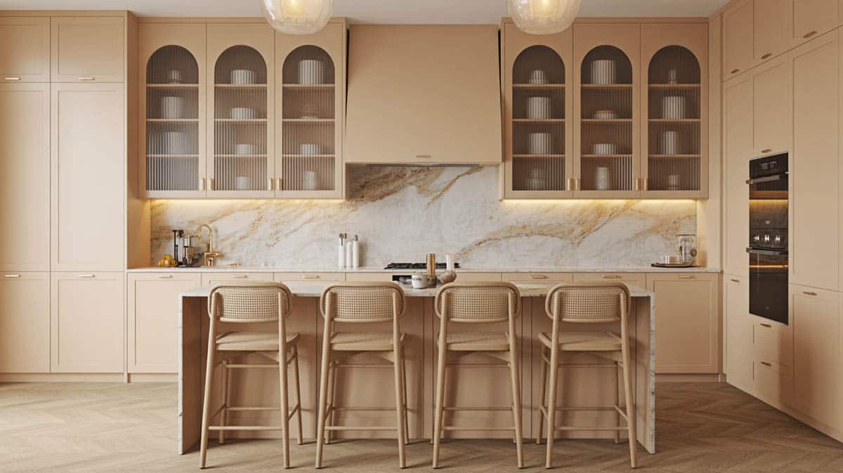Contemporary kitchen with ribbed glass-front upper cabinets, Calacatta marble countertop, and oak herringbone floor