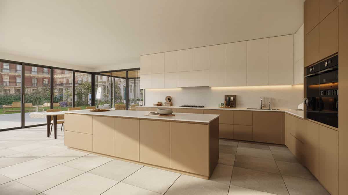Contemporary kitchen with two-tone sand lower and white upper cabinets on a large-format beige porcelain floor