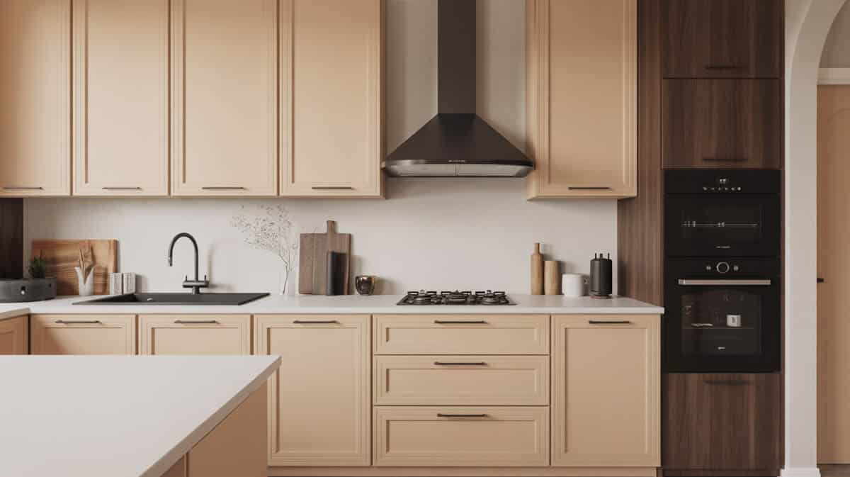 Contemporary kitchen with warm tan cabinets and matte black hardware accents